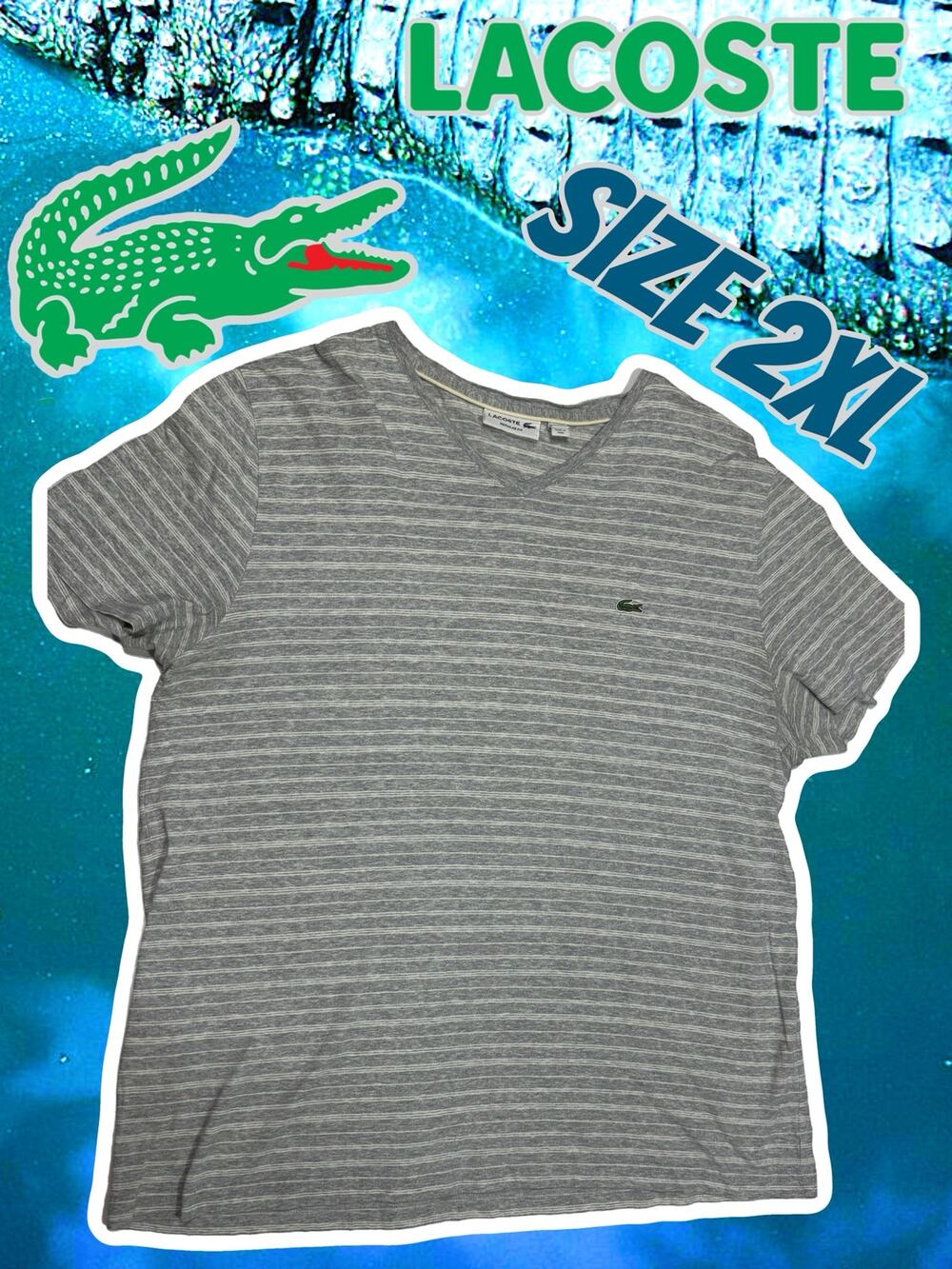 Lacoste T-Shirt Mens 2XL Gray White Stripe Cotton Short Sleeve Crewneck